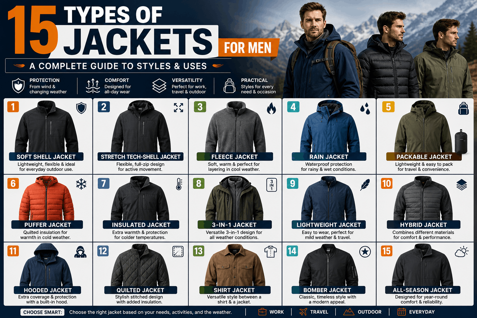 15 types of jackets for men including soft shell, fleece, rain, puffer, bomber, quilted, and all-season jackets