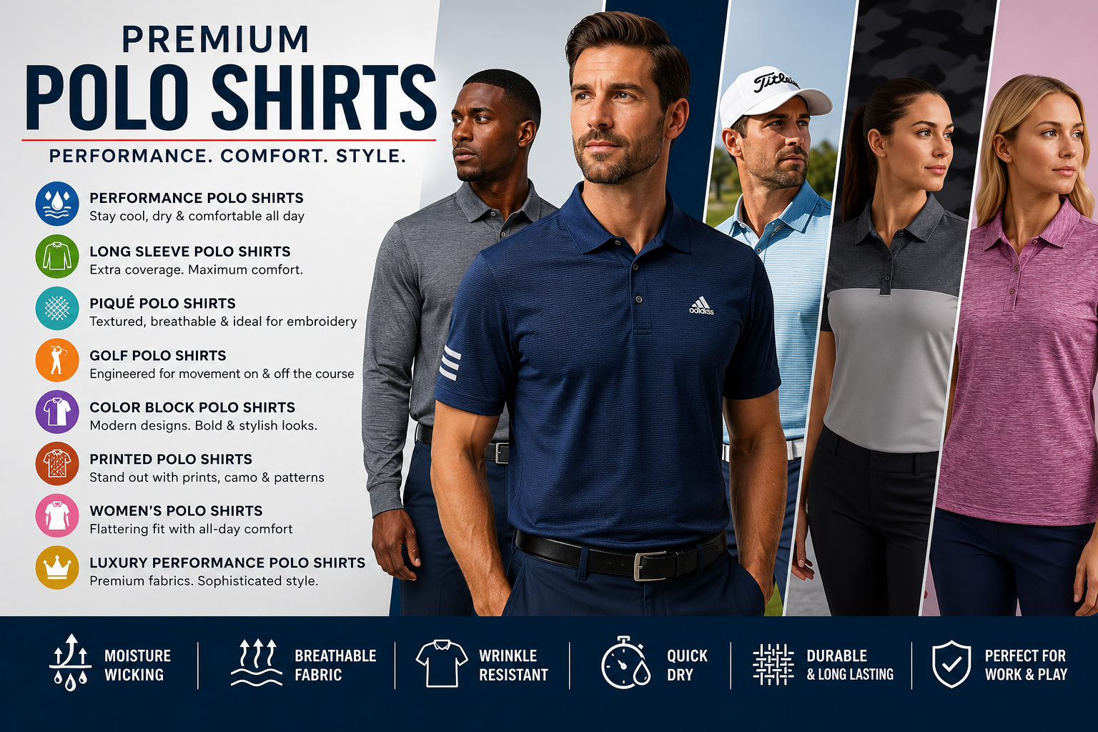 Comparison infographic featuring performance, long sleeve, golf, piqu&eacute;, printed, color block, and women's polo shirts.